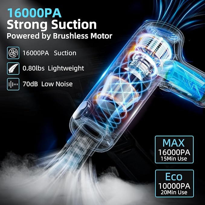 Car Vacuum Cleaner,80W/16Kpa/20Mins,Lightweight Mini High Power Pet Portable Handheld Cordless Vacuum Pro, Rechargeable Small Extractor Vacuum Detailing with Cleaning Gel for Car, Home and Office