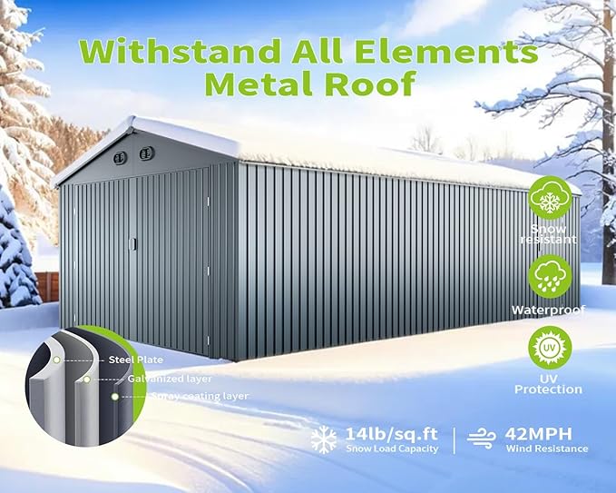 20 x 13 FT Outdoor Storage Shed, Large Metal Garden Shed with 2 Lockable Doors, Tool Shed Outdoor Storage with 4 Air Vents, Garage Shed Waterproof for Car, Truck, Bike, Garbage Can, Tool, Dark Gray