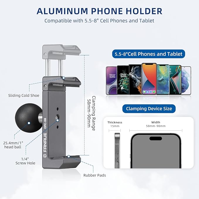 FANAUE Aluminum Phone Holder with 1" Ball Head Adapter - Universal RAM Mounts B Size Compatible, Double Socket Arm Design for Motorcycles/Bikes/ATVs/Cars/Trucks - Secure 360° Rotation