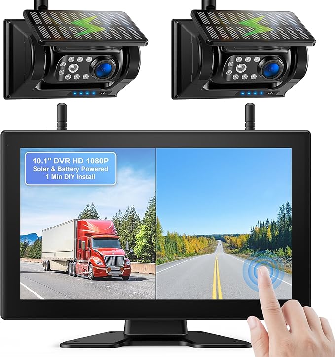 Fookoo 2 Magnetic Solar Wireless Backup Camera 10.1" IPS Touchscreen Monitor 1 Min DIY Install Portable Scratch-Proof No Drilling HD 1080P DVR Rechargeable Night Vision for RV Truck Camper - DCM102