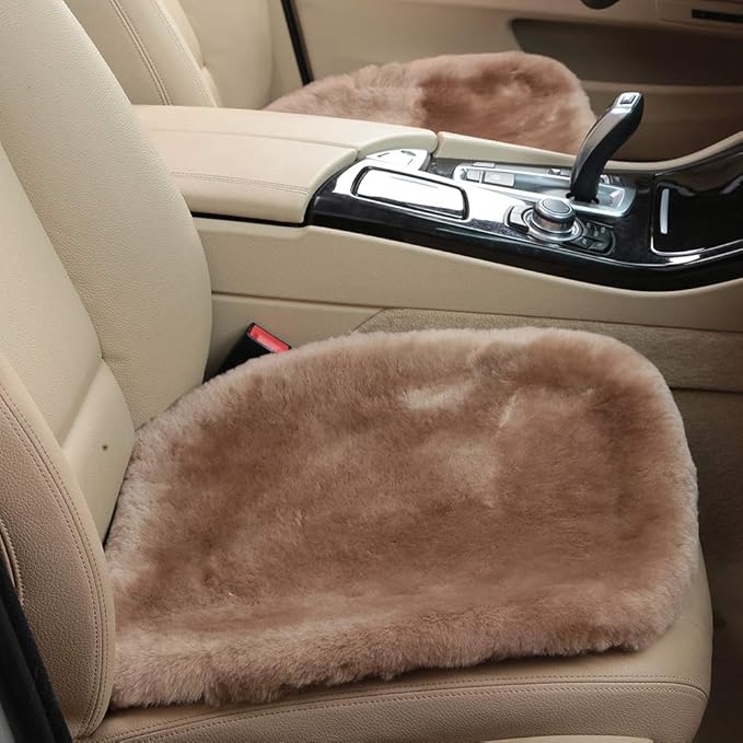 20 inchs Shearling Sheepskin Car Seat Cover, Fluffy Fuzzy Wool Car Seat Covers for Auto Interior Accessories with Soft Eco-Friendly Natural Fur Non-Slip (Camel, Front)