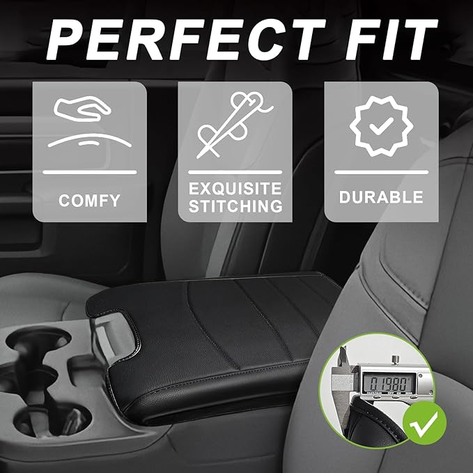 Muslogy Center Console Armrest Cover Compatible with Dodge Ram 1500 2013-2018 & 2013-2025 Ram 2500/3500 Comfort Armrest Pad Arm Rest Cushion Vegan Leather Protector Regular Thick(Jump Seat ONLY)