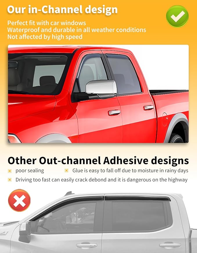 in-Channel Window Rain Guards Fit for Truck Dodge Ram 1500 Crew Cab 2009-2018/Ram 2500&3500 2010-2025 Crew Cab Extra Durable Window Deflectors Window Visors Vent Visors Vent Shades Accessories