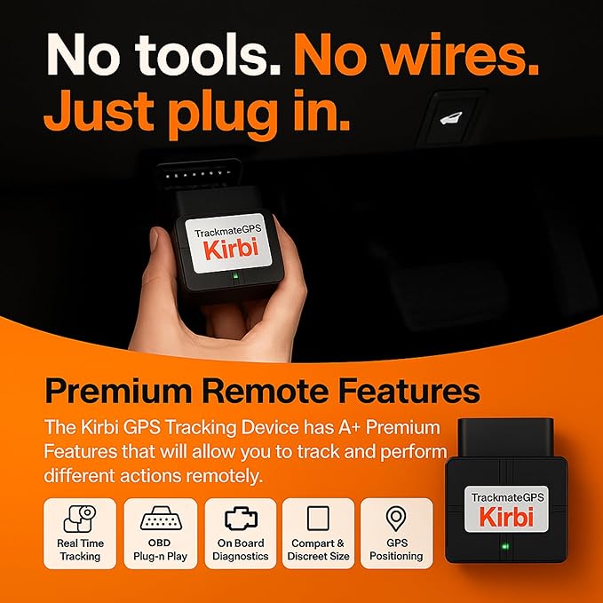 Kirbi OBD Tracker, GPS Tracker for Vehicles Real-Time Tracking, Worldwide Compatible Vehicle Tracker, Lightweight and Compact Car GPS Tracker, Plug-and-Play