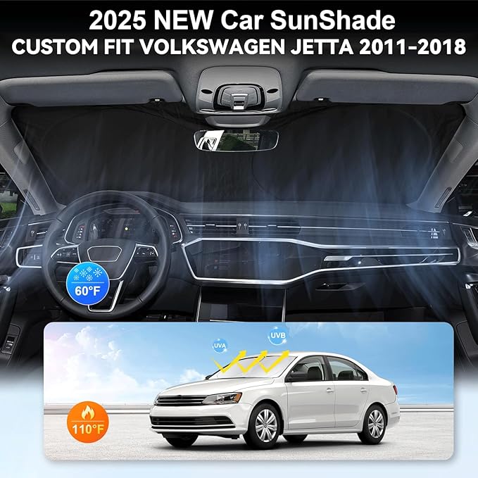 Custom Fit VW Jetta Windshield Sunshade for 2011-2017 2018 Volkswagen VW Jetta Accessories Front Window Shield 210T Silver Coating Cover for Volkswagen Windshield Sun Visor Protector Blocks UV