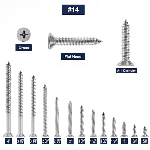 #14 x 3-1/4" Wood Screw 100Pcs 18-8 (304) Stainless Steel Screws Flat Head Phillips Fast Self Tapping Drywall Screws by SG TZH