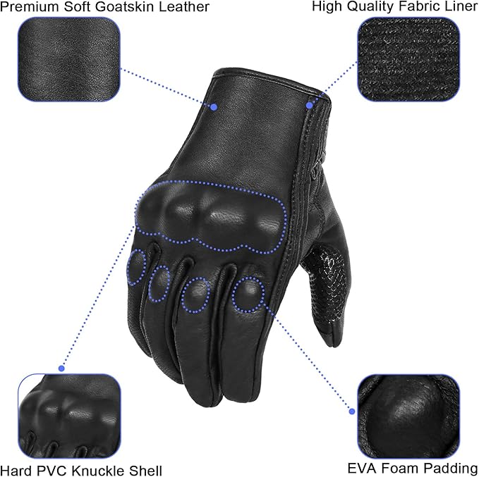 Updated Full Finger Leather Motorcycle Gloves Phone Touch Goat Skin Black Motorbike Riding Gloves (Updated,Non-Perforated, L)