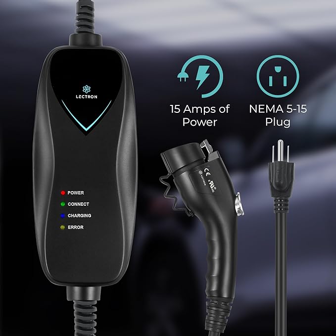Lectron Level 1 J1772 Charger (WiFi Version) - 110V, 15 Amp, NEMA 5-15 Plug, 16 ft Extension Cord - Portable Electric Car Charger for J1772 Evs