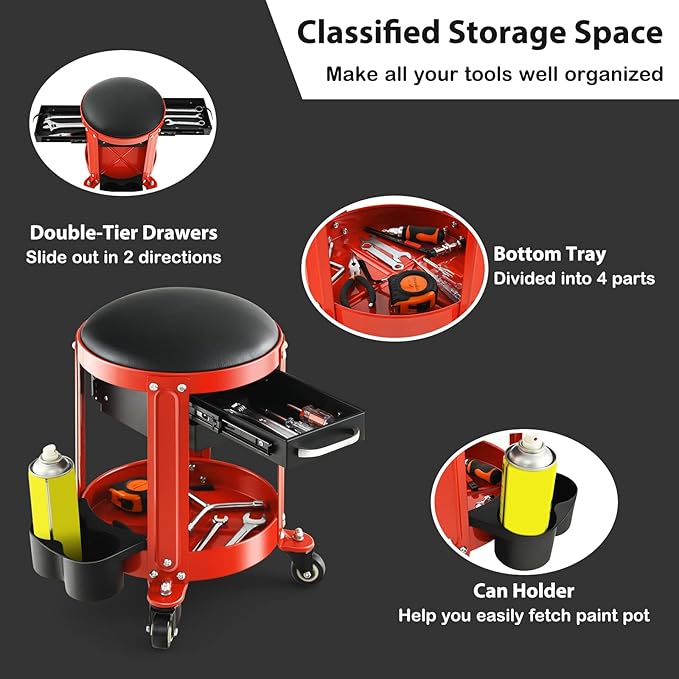 S AFSTAR Garage Shop Roller Seats, Adjustable Pneumatic Rolling Creeper Stool W/Removable Padded Seat, 2-Direction Drawers, Twin Can Holder, Round Mechanic Rolling Stool, 330 LBS Max Load