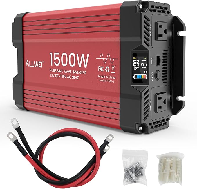 ALLWEI 1500W Pure Sine Wave Inverter 12V DC to 110V AC Converter, Surge 3000W | Power Inverters for Vehicles with 2 AC Outlets, RV Truck Boat Home Outdoor & Off-Grid Solar Inverter, Smart LCD Display