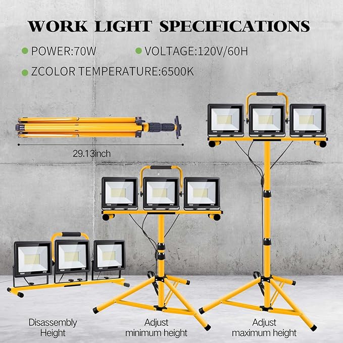 21000 Lumen Work Lights with Stand, 3 Adjustable Head LED Work Light，Foldable Tripod Stand and Portable Removable Led Construction Lights
