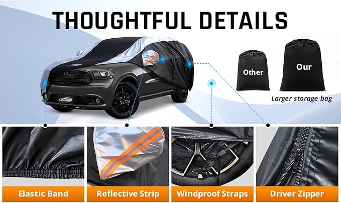 Dodge Durango Car Cover Waterproof All Weather with Silver Strip Design, Custom Fit for Dodge Durango 2005–2025, Durango Accessory with Door Zipper & Windproof Straps