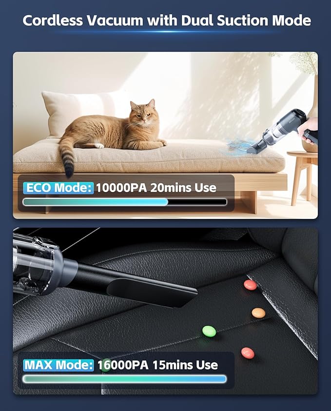 Car Vacuum Cleaner,80W/16Kpa/20Mins,Lightweight Mini High Power Pet Portable Handheld Cordless Vacuum Pro, Rechargeable Small Extractor Vacuum Detailing with Cleaning Gel for Car, Home and Office