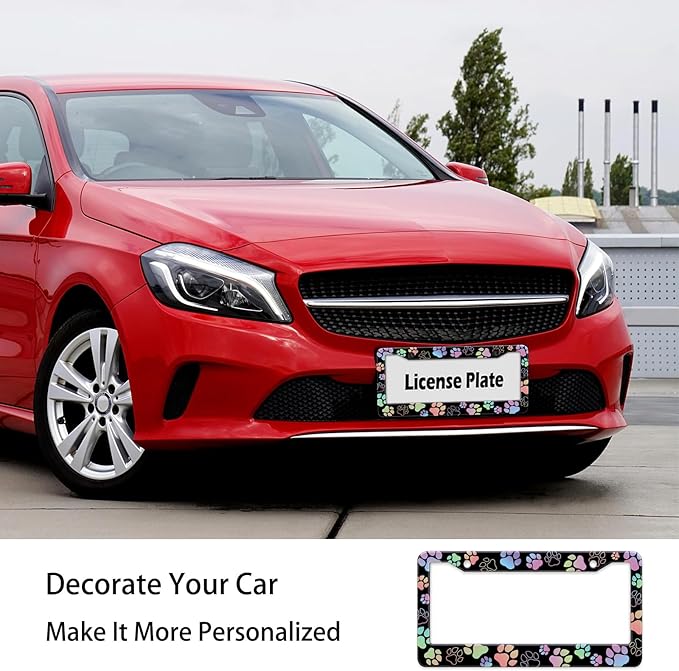 Dog Paw Car License Plate Frames, Colorful Pet Paw Printed License Plate Holder Cover, Metal Aluminum Rustproof Car Accessories for US Canada Standard Women Men 2 Holes with Screw Caps