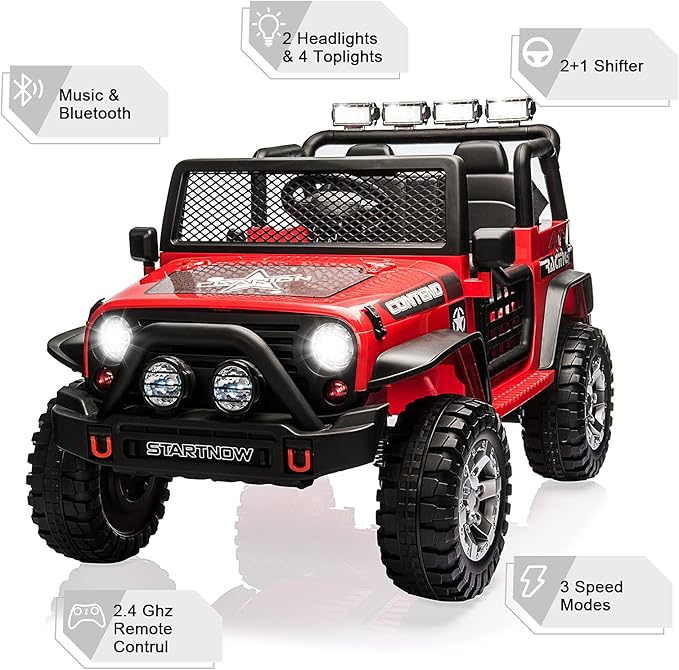 2-Seater Kids Ride on Truck Car, 12V Battery Powered Electric Vehicle with Remote, Electric Car for Kids/Toddlers w/Spring Suspension, LED Light, Music, MP3, 2 Doors, 3 Speeds, Red