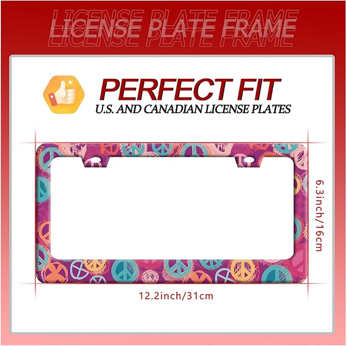 Groovy Hippie Peace Sign License Plate Frame Pink License Plate Frames Stainless Steel Accessories Cars Decor with 2 Holes and Screws Fits Standard US CA Vehicles Size 12.2 x 6 Inches