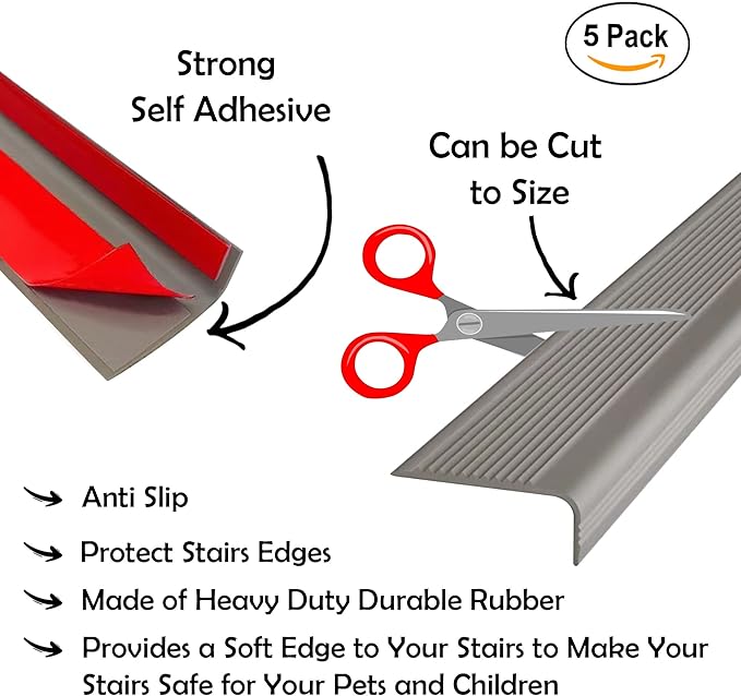 Rubber Bond Stair Edge Protector (Pack of 5) 36x2x1 inch Anti-Slip Stair Corner Trim Rubber Strips - Waterproof Self-Adhesive Staircases for Outdoor & Indoor Uses | Protect Kids & Pets - Grey