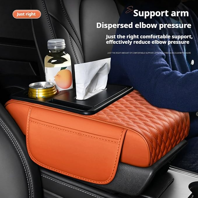 Center Console Cover Organizer, 5-In-1 Arm Rest Cover for Car with Cup Holder & Storage Pocket & Tissue Holder, Armrest Cover Cushion Pad, Water Ripples, Rose-Tinted