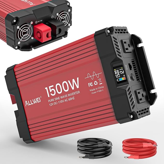 ALLWEI 1500W Pure Sine Wave Inverter 12V DC to 110V AC Converter, Surge 3000W | Power Inverters for Vehicles with 2 AC Outlets, RV Truck Boat Home Outdoor & Off-Grid Solar Inverter, Smart LCD Display
