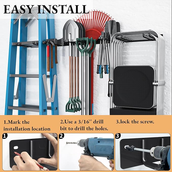 Folding Chair Storage Rack Wall Mount, Garden Tool Hanger for Garage Organization, Patio, Beach & Camping Chairs Organizer Hooks, Holds 480 lbs - 4 Pack