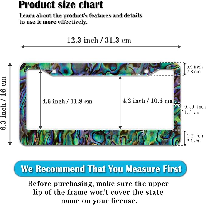 License Plate Frames Multicolor Fun License Plate Frame Cover Faux Abalone Texture Universal Aluminum Car Accessory 2 Pack with Screw Covers Set
