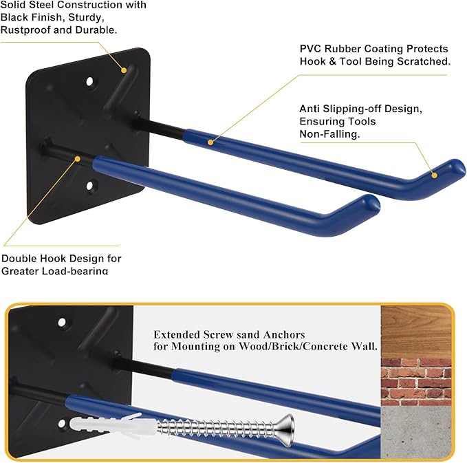 Steel Garage Storage Hooks Wall Tool Organizer, 12.4 Inch Garage Hook Heavy Duty Utility Storage Hangers Blue for Ladders, Chairs, Garden Tools, Set of 4