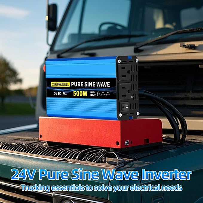 SUNWHEEL 500W 24V Pure Sine Wave Inverter, DC 24V to AC 110V/120V Car Power Inverter, Peak Power 1000W Car Plug Adapter Outlet Converter with Dual AC Sockets and LCD Display