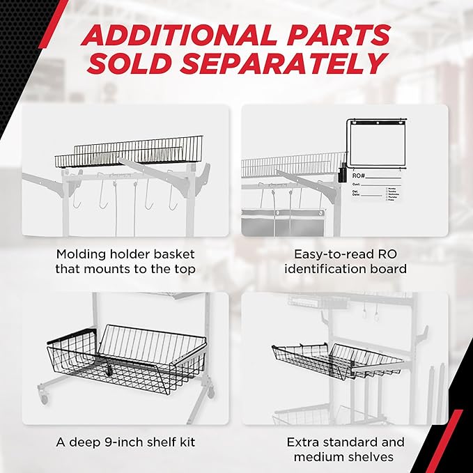 Champ® Parts Caddy Pro™ Auto Body Parts Rack Option 1 with Wheels, All-Steel Cart for Repair Shops and Garages, Locking Casters, 150 lb Capacity Per Shelf, Adjustable Shelves, Powder Coated - Red