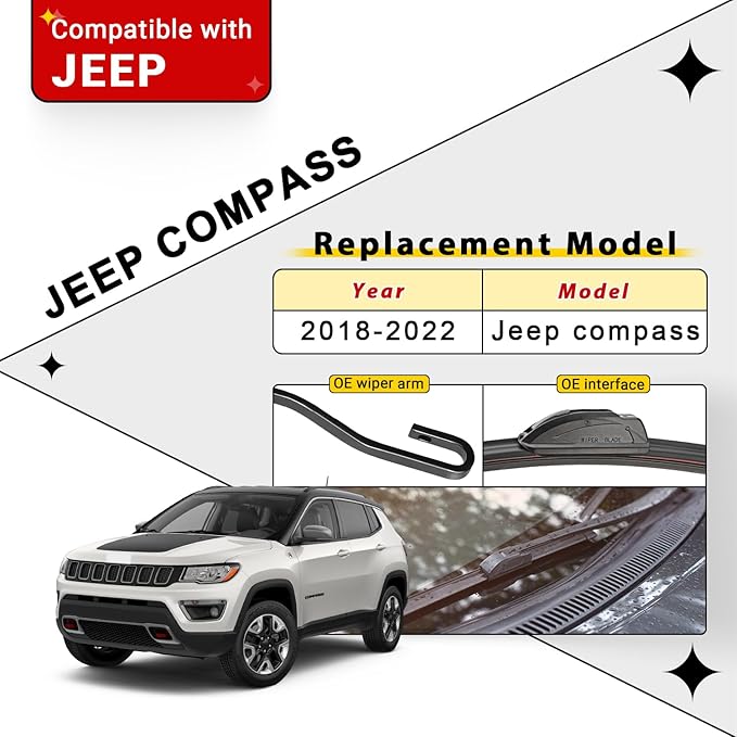 Windshield Wiper Blade Set Replacement for 2018-2022 Jeep Compass Original Equipment Replacement Front Wiper Blades-24"/18"/10" (Set of 3) U/J Hook