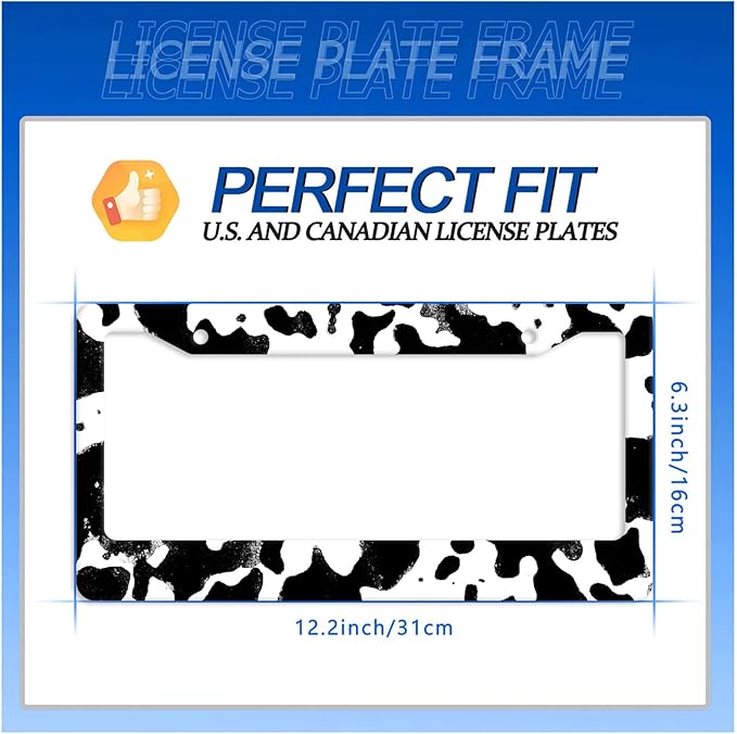 Black White Cows Texture License Plate Frame Animal Cowhide Print License Plate Stainless Steel Funny License Plate Holder Accessories Car Decoration with Screws Fits Standard Vehicles Size12.3 x6.3