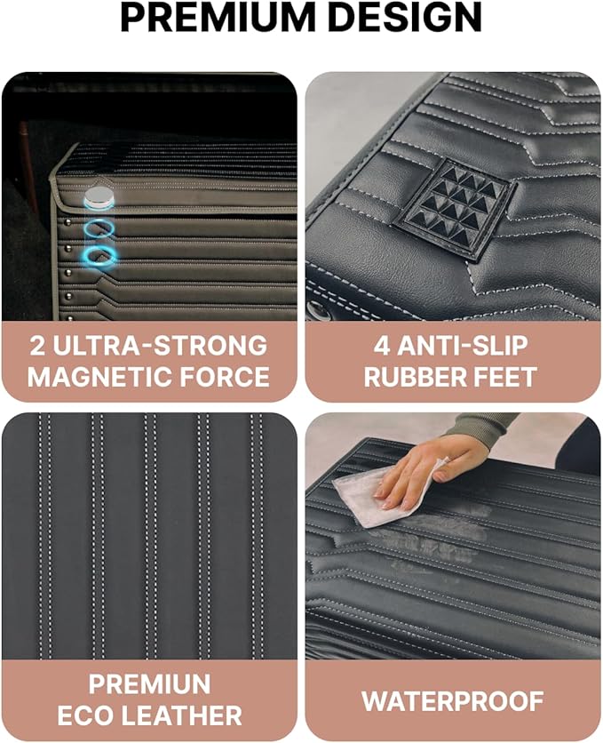 Trunk Storage 17.7" Collapsible Crate For Groceries, Tools & Travel Gear - Eco-Leather Car Organizer With Magnetic Lid - Practical Birthday Gift For Men (Highway 17)