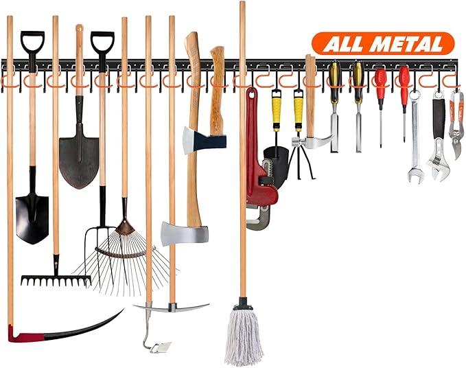 68'' All Metal Garden Tool Organizer Wall Mount Garage Organizers and Storage with Hooks Tool Hangers for Shed