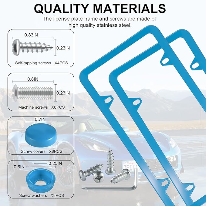 LivTee 4 Holes Stainless Steel License Plate Frames, 2 PCS Car Licence Plate Covers, Automotive Exterior Accessories Slim Design with Bolts Washer Caps for US Vehicles, Blue