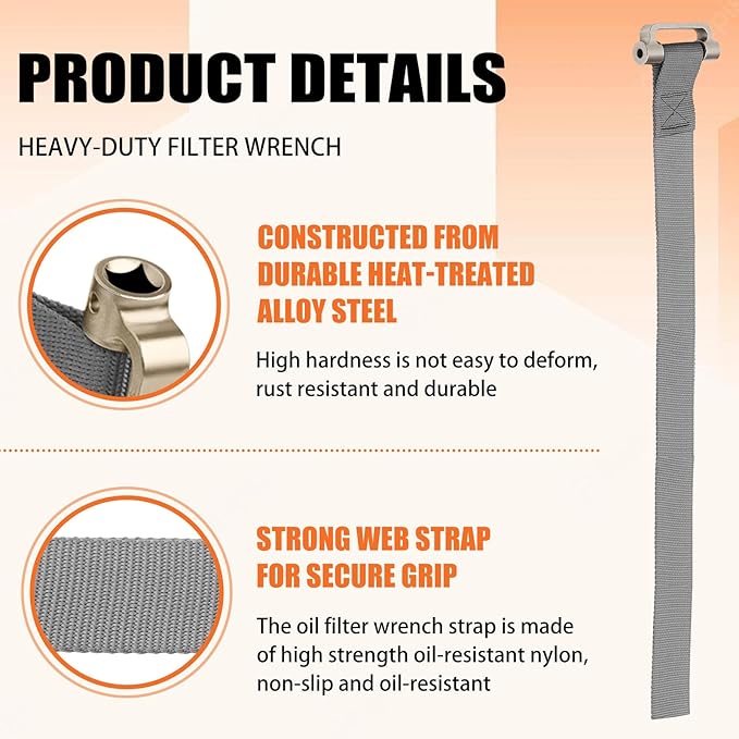 Heavy Duty Strap Oil Filter Wrench for Various Up to 6-1/2 inches Filter & Plumbing Removal Tool