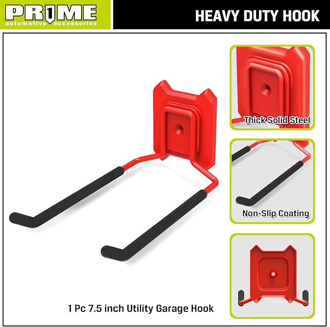Prime 1 PR1ME Heavy Duty Wall Mount Hook, 7.5 inch Utility Wall Storage Hook - Garage Storage Organization Tool Hanger for Bike, Ladder, Yard Tools