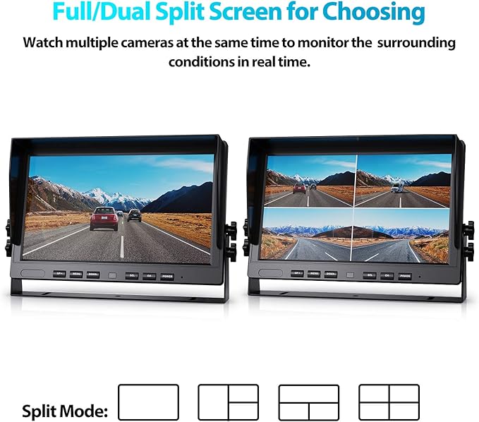 Fookoo Ⅱ 10" 1080P Wired Backup Camera System Kit,10" HD Quad Split Screen Monitor with Recording IP69 Waterproof Rear View Side View Camera Parking Lines for Truck/Semi-Trailer/Box Truck/RV(DY104)