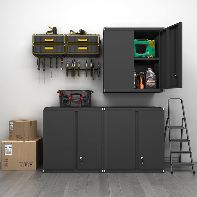 GREATMEET Metal Wall Cabinet, Wall Mounted Cabinet with Doors and Adjustable Shelf, Metal Storage Cabinet with Lock, Wall Cabinet for Garage, Pantry, Utility Room, Black