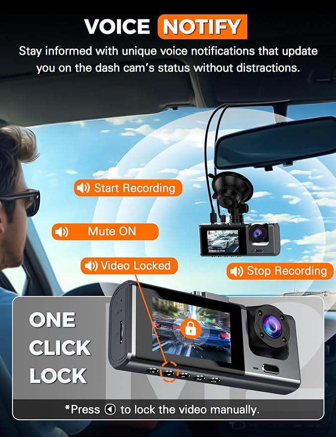 3 Channel WiFi Dash Cam Front and Rear Inside with 64GB SD Card, 2.5K+1080P+1080P Car Dash Camera for Cars Front and Rear, Dashcam with G-Sensor, Loop Recording, 24H Parking Mode, Support 512GB