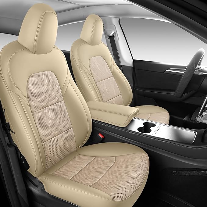 Tesla Model Y Seat Cover Full Set, Faux Leather Tesla Car Seat Cover, Perfect Suitable for Tesla Model Y 2020 2021 2022 2023 2024 2025 (Beige)