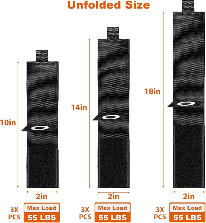 Heavy-Duty Storage Straps，Extension Cord Holder Organizer Variety Pack Holds 55lbs，Fit Easily on Hooks or Nails ， Perfect for Garage Organization 3-pk 10",14" and 18", Black (9, BLACK)