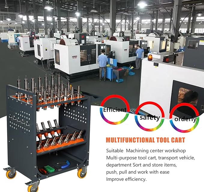 Grey Classic 40 Taper CNC Tool Holder Transfer Cart, 35 Capacity CAT/BT40 Service Carts with Wheels Heavy Duty, Multi-Function Workshop CNC Tool Trolley