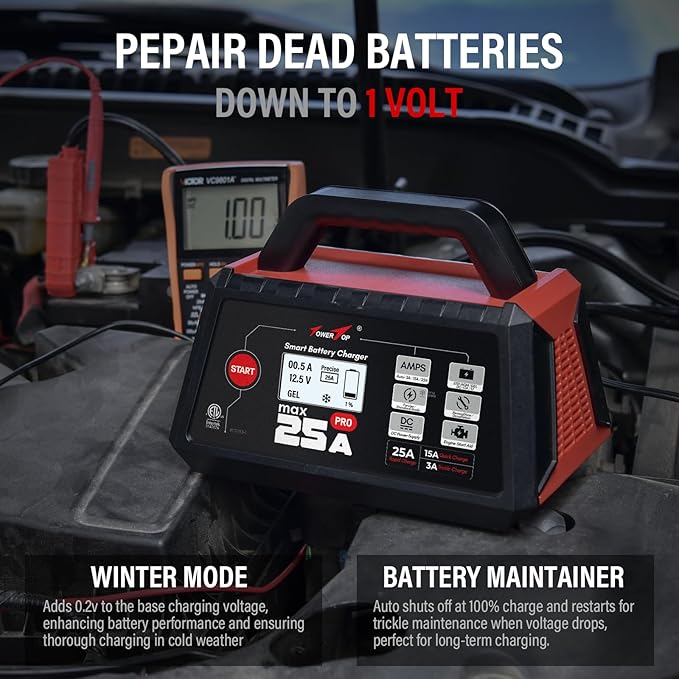 TowerTop 25A Max Pro Battery Charger: 12V Fully Automatic Smart Trickle Charger, Automotive Battery Maintainer with Engine Start, DC Supply, Winter Mode, Recondition,Desulfation, for Lead Acid/Lithium