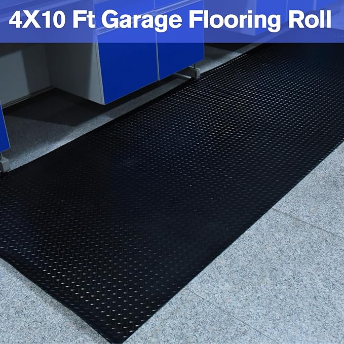4X10 FT Garage Floor Mat， 2.5 Inch Thickened Diamond Plate Flooring Roll for Under Car， Non-Slip Commercial Grade Heavy Duty Parking Mat for Garage, Warehouse, Workshop, Basement, Gym（Black）