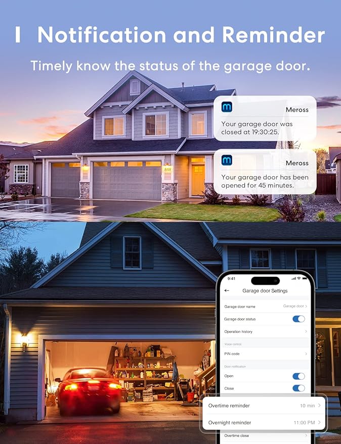 meross Smart Garage Door Opener Remote with External Antenna, Compatible with Amazon Alexa, SmartThings, Control Up to 3 Single Doors(Non HomeKit Versions with 2 Door Sensors)