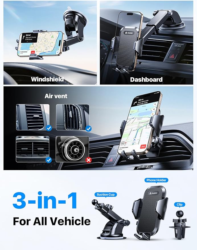 andobil Car Phone Holder Mount (Strong Suction&Bumpy Road Stable) Phone Holders for Your Car, Cell Phone Car Mount for Windshield Dash Vent Truck Cradle Stand for iPhone 16 15 Pro Max 14 13 12 Samsung
