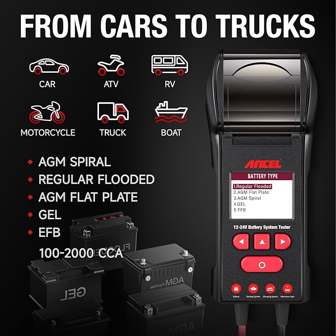 ANCEL BST600 Car Battery Tester with Printer - 12V/24V, 100-2000 CCA, Digital Auto Battery Load Tester - Cranking and Charging System Test for Heavy Duty Truck, Marine, Motorcycles, RVs, SUVs, Boats