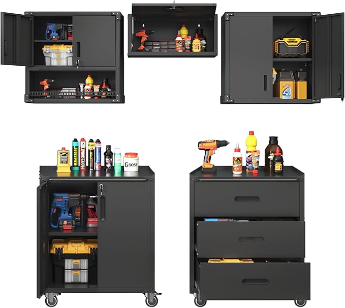 Metal Tool Cabinet,Garage Storage Cabinet System,Wall Cabinet & Locking Rolling Tool Cabinet with Doors and Adjustable Shelves,Steel Tool Cabinets for Home,Office (5 Pcs-StyleB, Black)