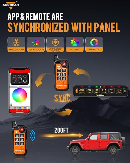Auxbeam 6 Gang Slim Switch Panel Bluetooth RGB AS-600 with APP&Remote Control Toggle Momentary Pulsed Switch Pod Off Backlight for Truck Offroad UTV ATV Car Marine 12-24V Waterproof, 2 Years Warranty