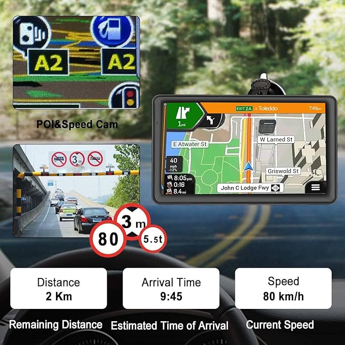 GPS Navigator for Car Truck RV – 9'' HD Touchscreen, Latest 2025 Map with Custom Truck Routing, Lane Guidance, Turn-by-Turn Voice Directions, Speed & Red Light Alerts, Free Lifetime Updates