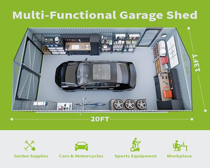 20 x 13 FT Outdoor Storage Shed, Large Metal Garden Shed with 2 Lockable Doors, Tool Shed Outdoor Storage with 4 Air Vents, Garage Shed Waterproof for Car, Truck, Bike, Garbage Can, Tool, Black